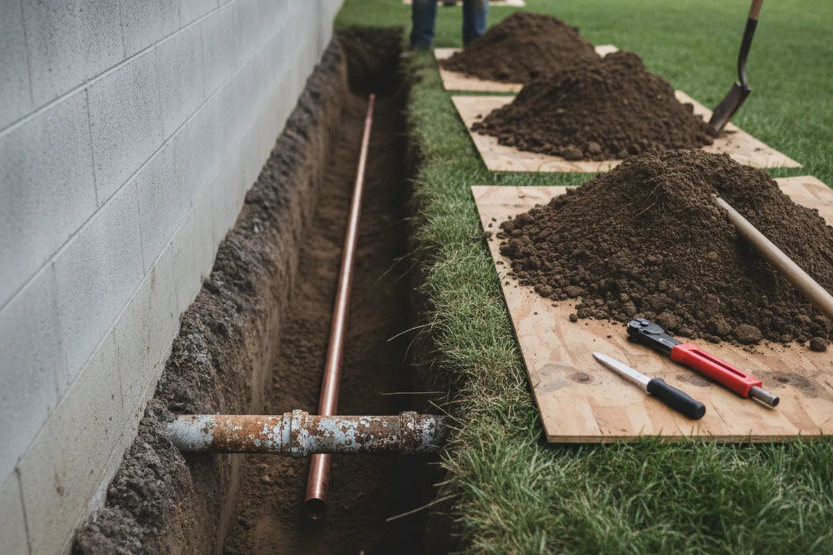 Excavated water line trench during Water Softener Installation in Womelsdorf